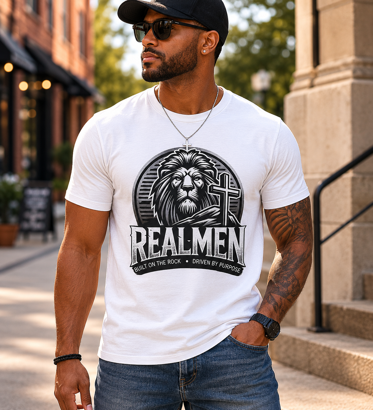 "Real Men" Lion Cross T-Shirt (front only)