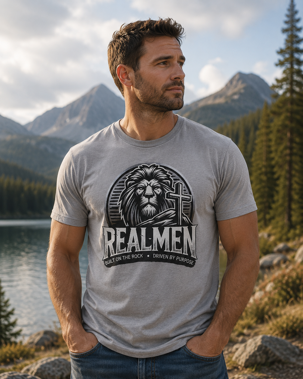 "Real Men" Lion Cross T-Shirt (front only)