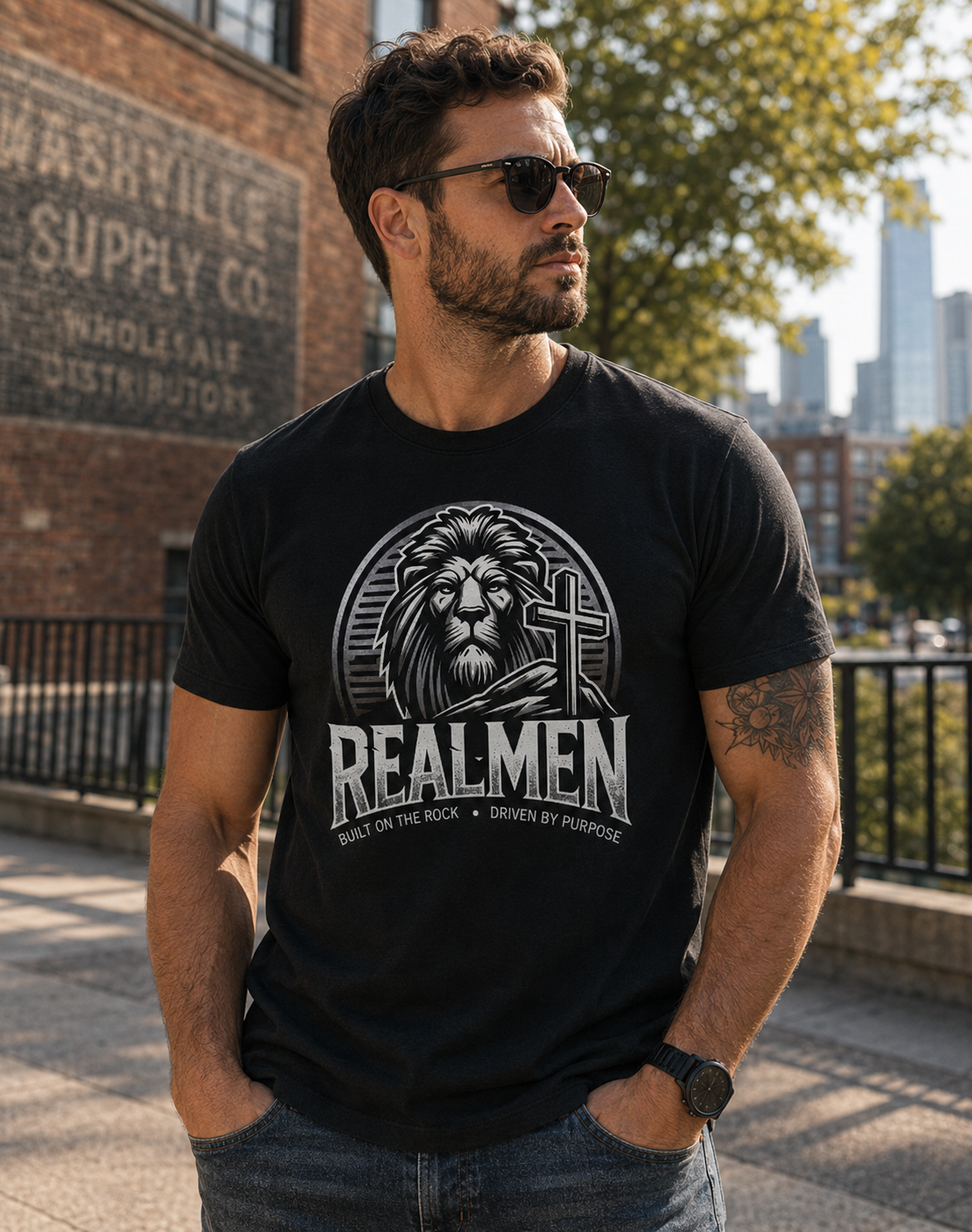 "Real Men" Lion Cross T-Shirt (front only)
