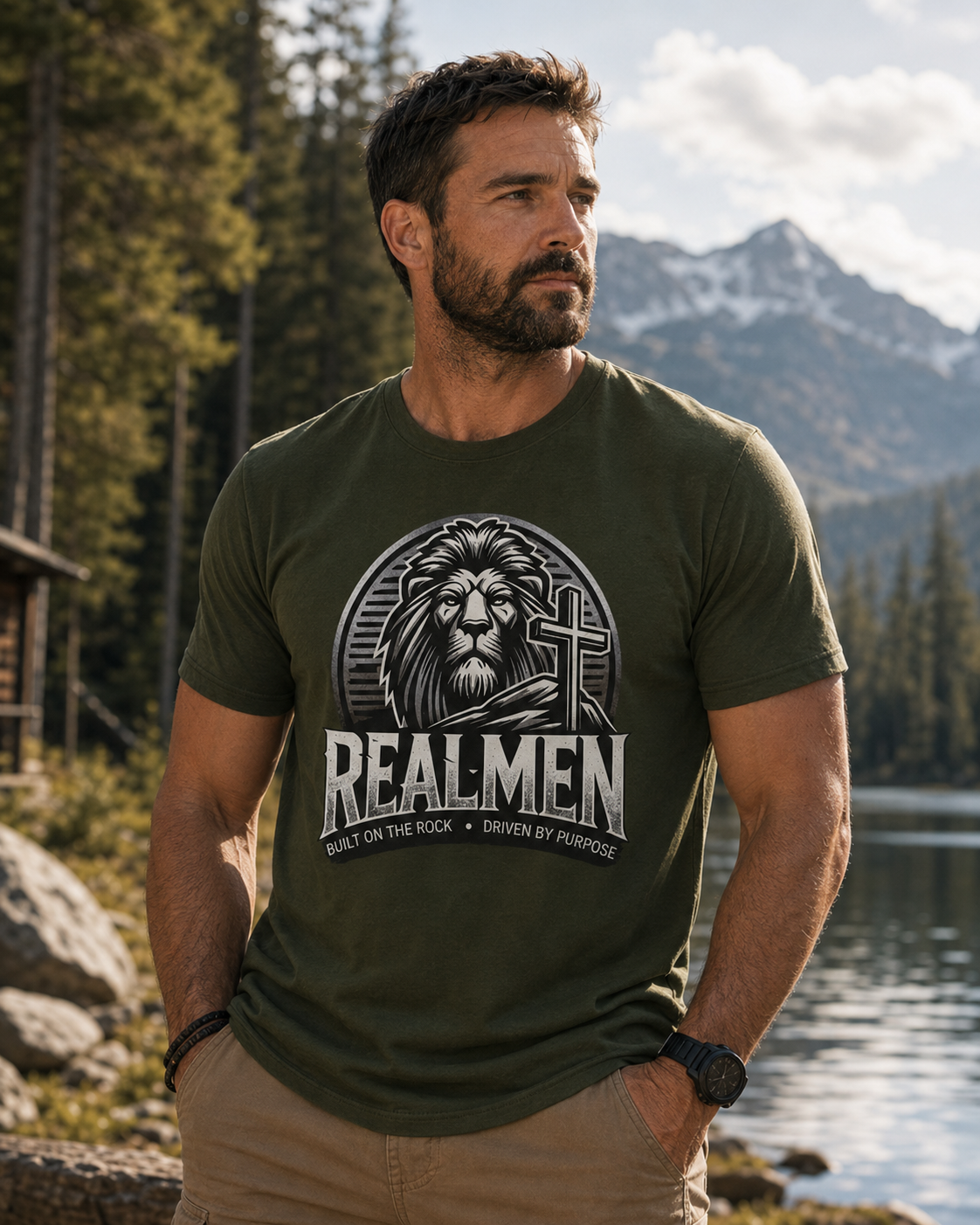 "Real Men" Lion Cross T-Shirt (front only)