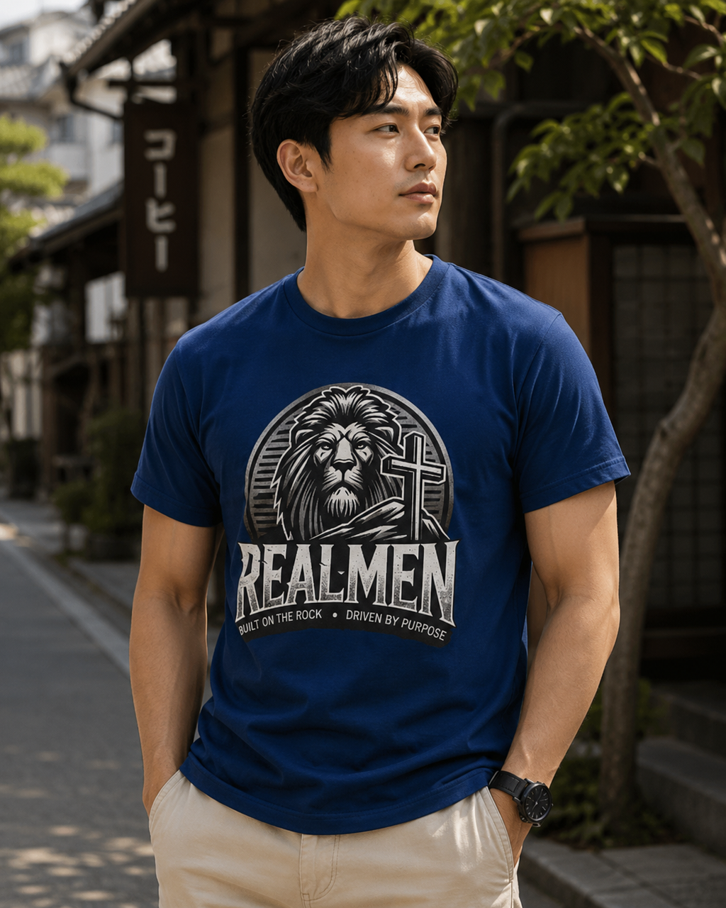 "Real Men" Lion Cross T-Shirt (front only)